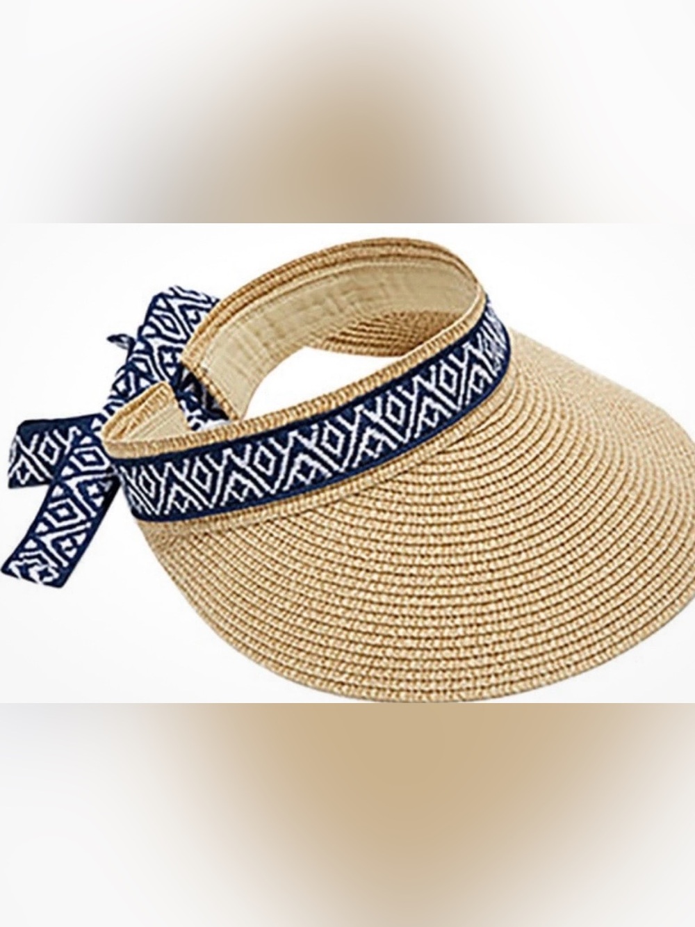 Sea & Grass Straw Visor With Ribbon Tie Navy Blue Nautical Beachy Hat